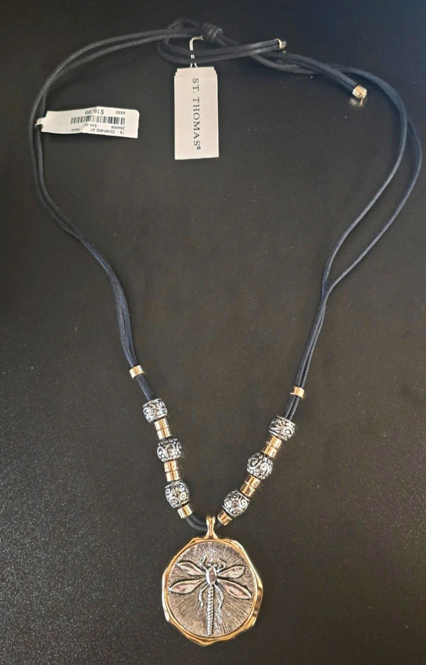 St. Thomas Signed Dragonfly Charm Pendant Cord Necklace Adjustable Slide